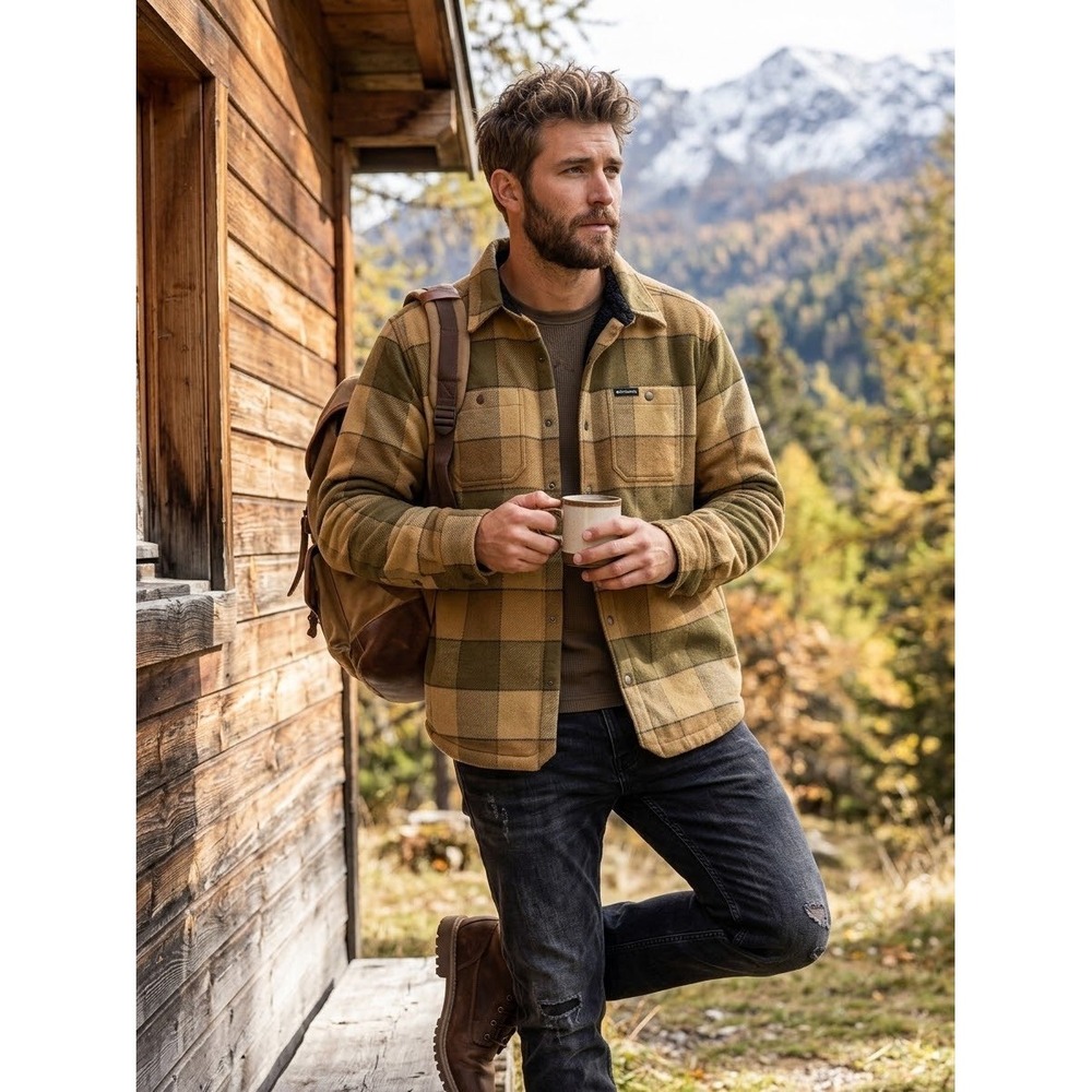 Columbia Men's Sherpa Lined Flannel Shirt Jacket Shacket Tan Green Plaid Medium